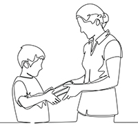 student and teacher with books line drawing